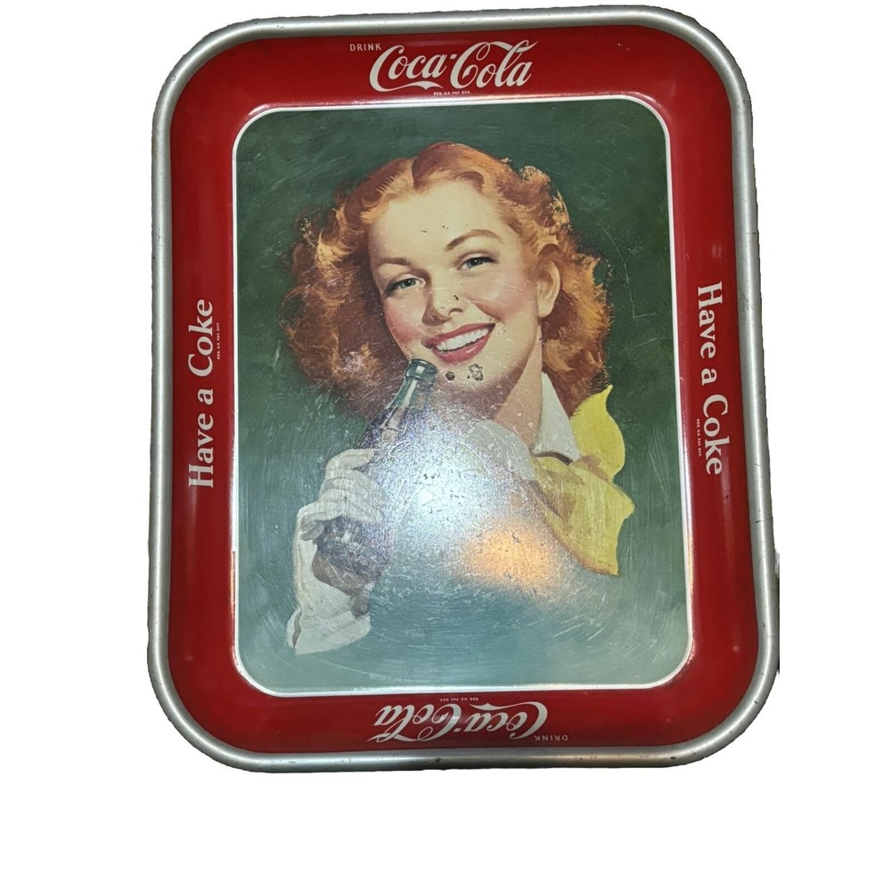 Vintage Coca Cola Metal Serving Tray Girl Having a Coke